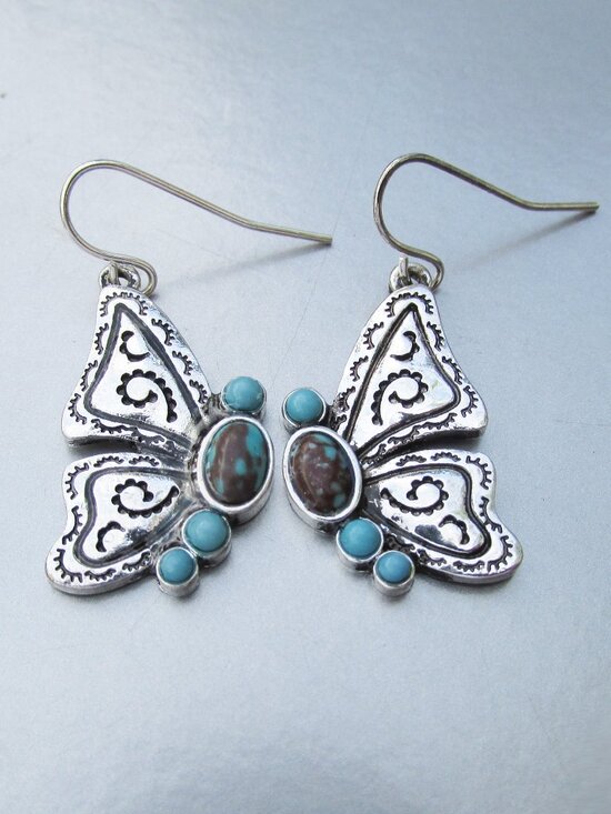 Artisan Jewelry - Handmade Howlite BUTTERFLY Sterling & Silver Tone Dangle Earrings